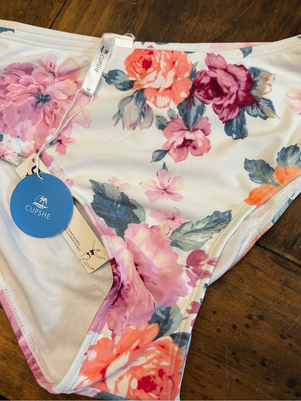 Cupshe Floral High-Waist Bikini Bottom- White with Pink Rose Print NWT M